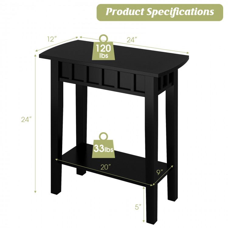 Narrow black wood end table with storage shelf, 2-tier design, ideal for small spaces and versatile use.